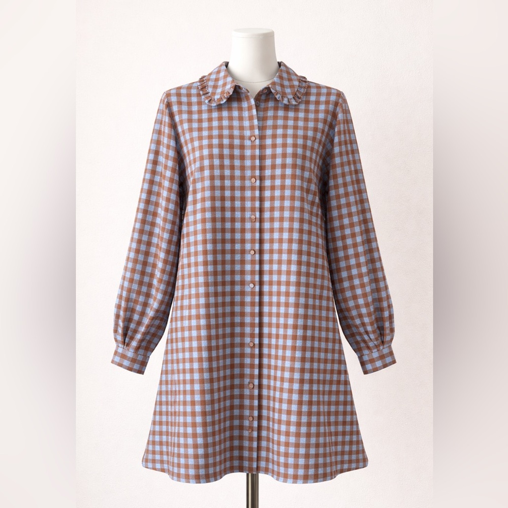 Checked Long Sleeve Shirt Dress in Light Blue and Brown